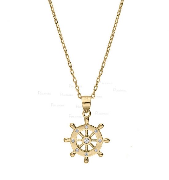 14K Gold 0.06 Ct. Diamond Ship Helm Wheel Nautical Fine Pendant Necklace