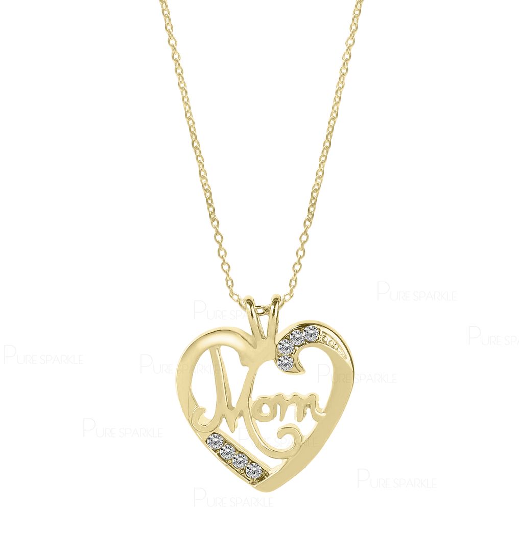 14K Gold 0.08Ct. Diamond Love you MOM Pendant Necklace Mother's Day Gift