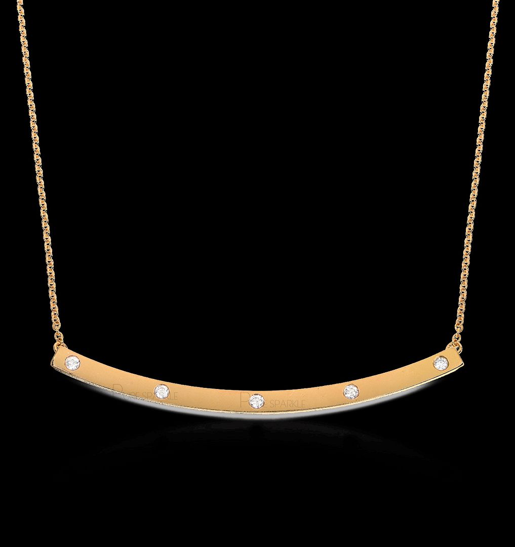 14K Gold 0.18 Ct. Diamond Long Curved Bar Pendant Necklace Fine Jewelry
