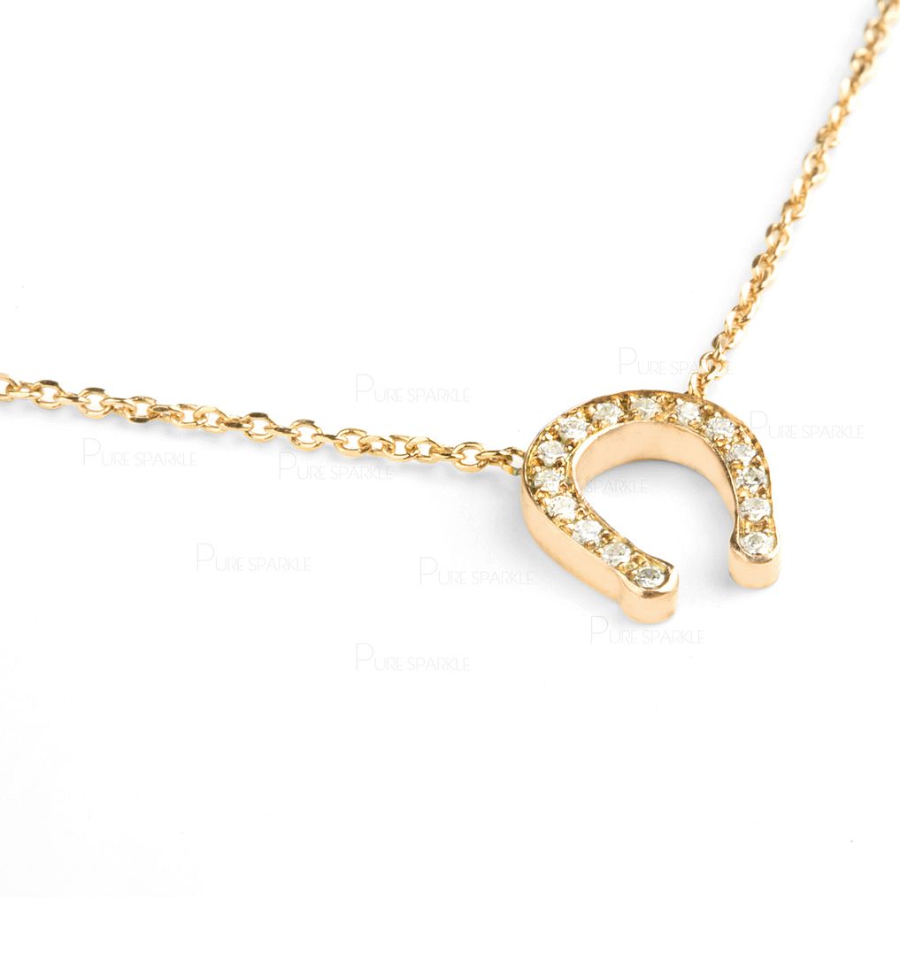 14K Gold 0.14 Ct. Diamond Horseshoe Charm Pendant Necklace Fine Jewelry