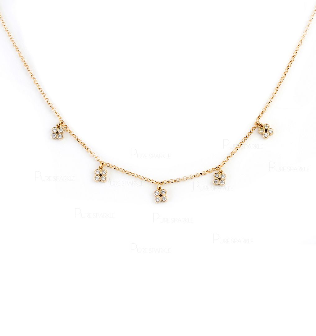 14K Gold 0.30Ct. Diamond Five Flower Charm Pendant Necklace Fine Jewelry