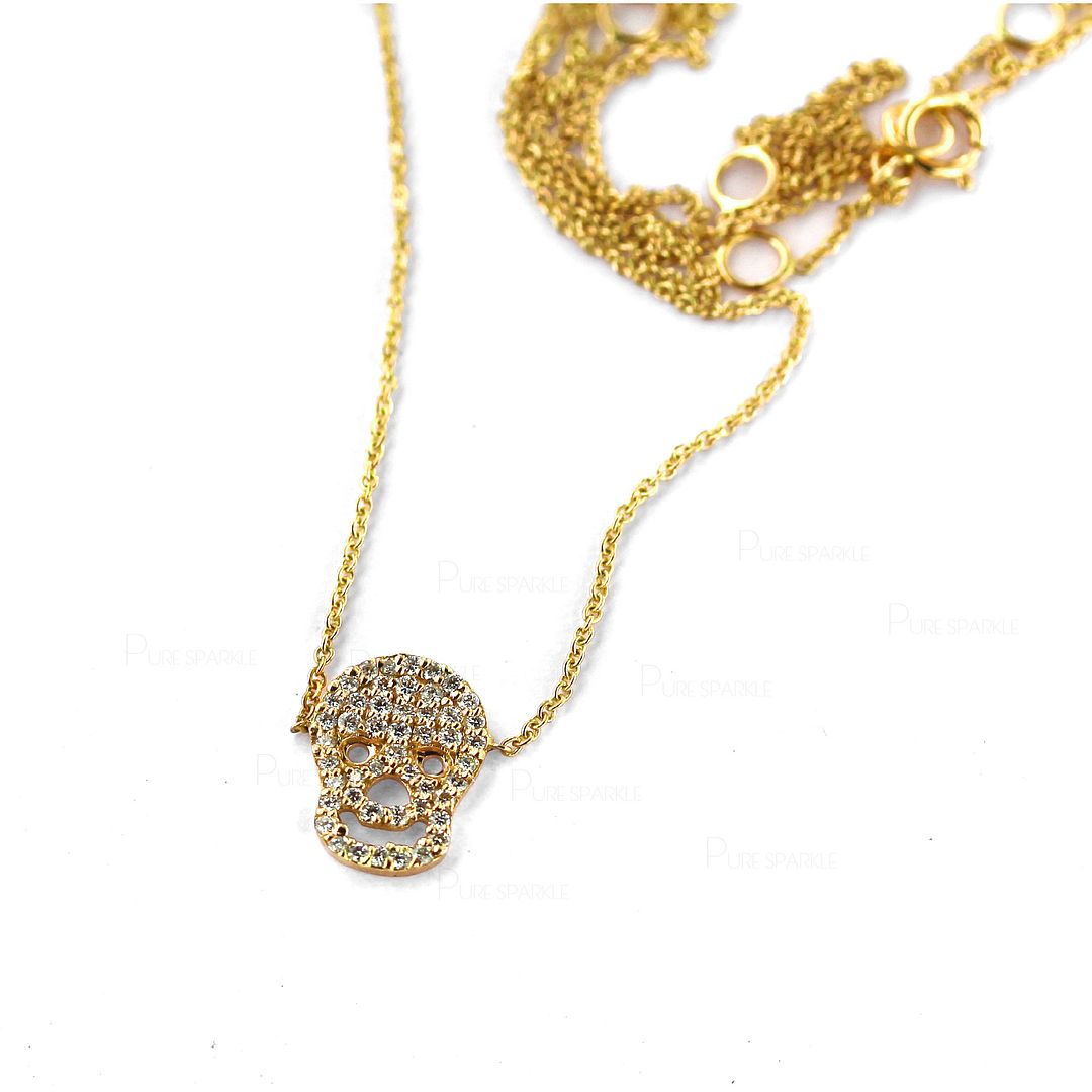 14K Gold 0.26 Ct. Diamond Skull Charm Pendant Necklace Halloween Jewelry