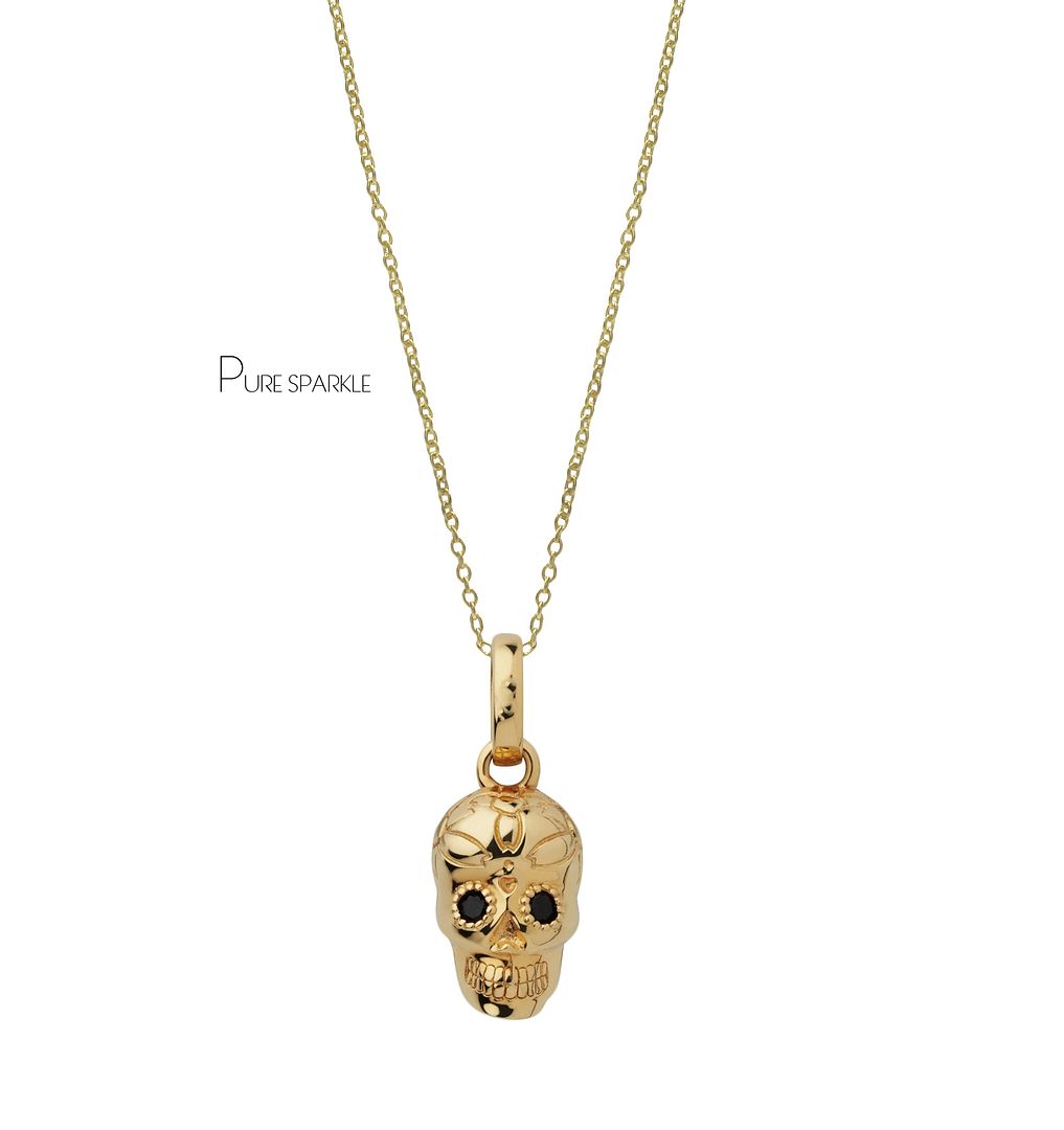 14K Gold Black Diamond Eyes Skull Pendant Necklace Halloween Jewelry