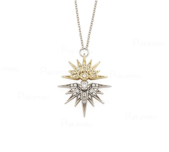 14K Yellow/White Gold Two Tone Diamond Starburst Pendant Necklace