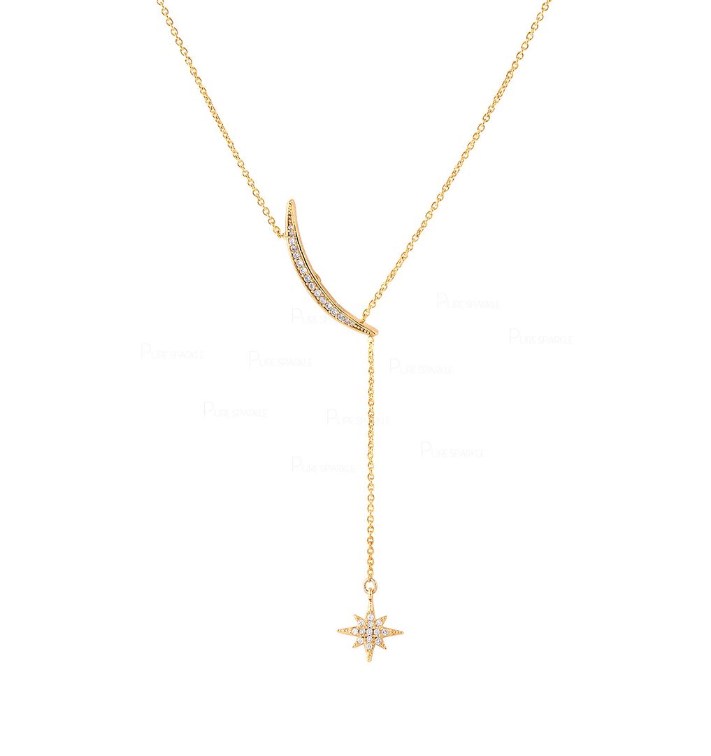 14K Gold 0.30 Ct. Diamond Crescent Moon Starburst Drop Lariat Necklace