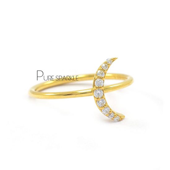 14K Gold 0.10 Ct. Diamond Crescent Moon Ring Christmas Fine Jewelry