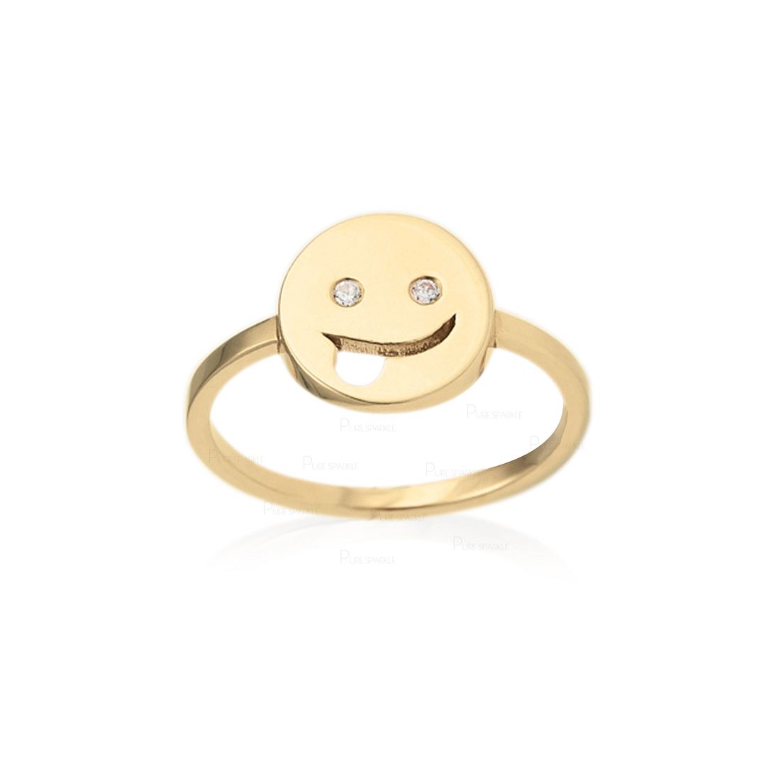 14K Gold 0.02 Ct. Diamond Tongue Out Emoji Ring Handmade Fine Jewelry