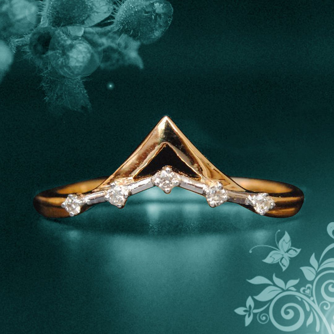 14K Gold 0.08 Ct. Diamond Triangle Chevron Design Ring Fine Jewelry