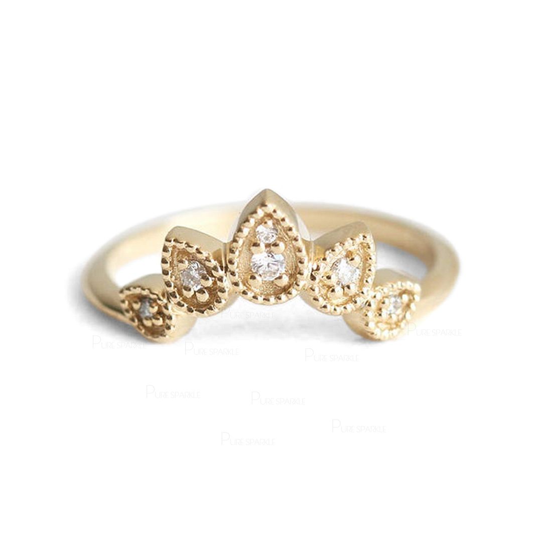 14K Gold 0.07 Ct. Diamond Crown Design Wedding Ring Fine Jewelry