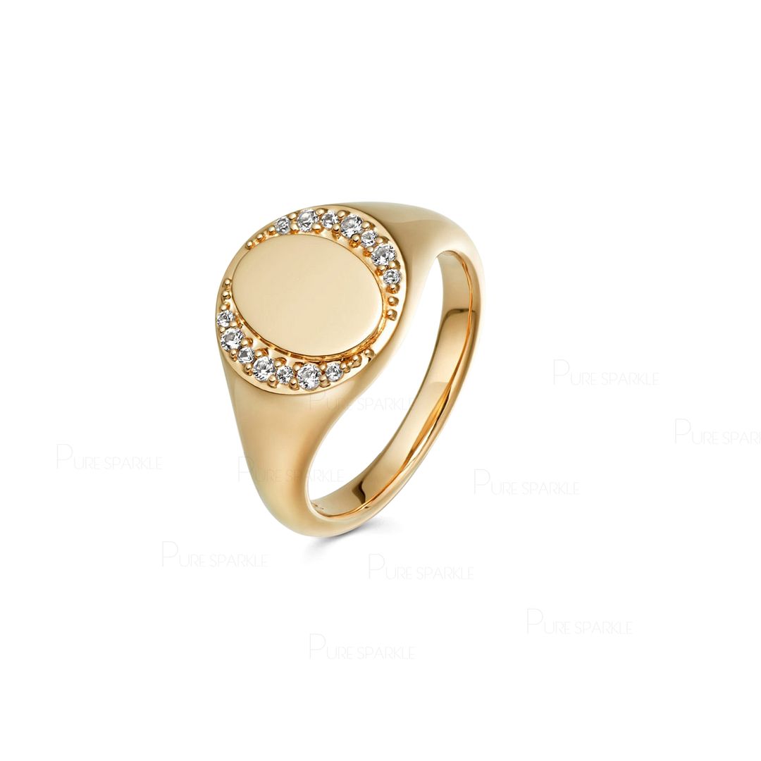 14K Gold 0.10Ct. Diamond Personalized Engraving Signet Ring Fine Jewelry