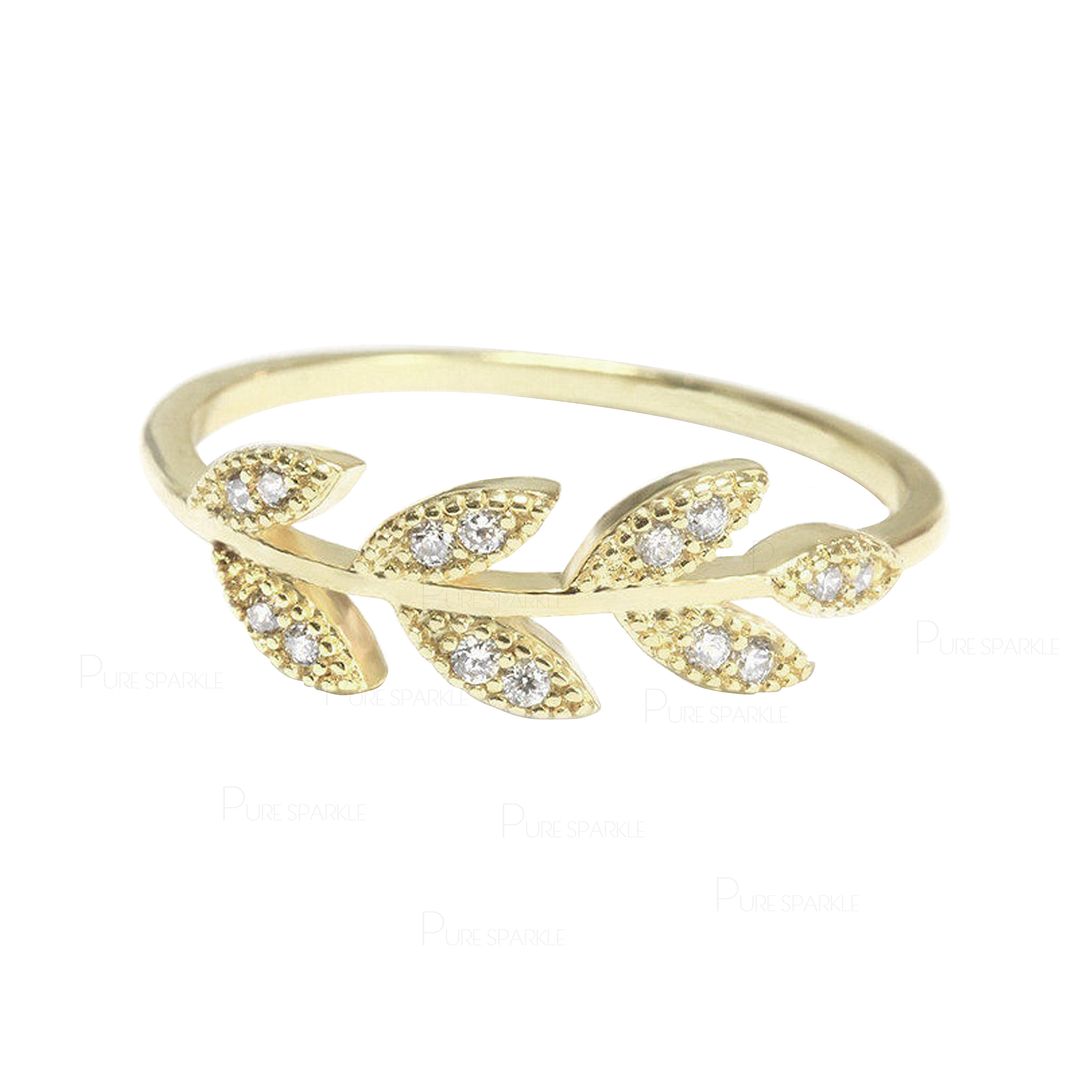 14K Gold 0.09 Ct. Diamond Leaf Feather Design Ring Fine Jewelry