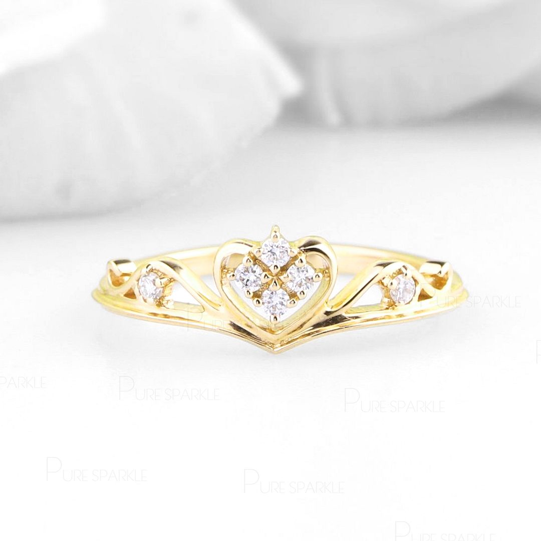 14K Gold 0.10 Ct. Diamond Heart Crown Design Ring Valentine's Gift