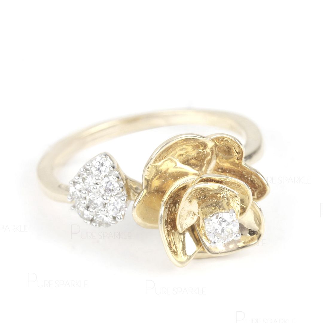 14K Gold 0.13 Ct. Diamond Rose Flower Ring Valentine's Gift For Her