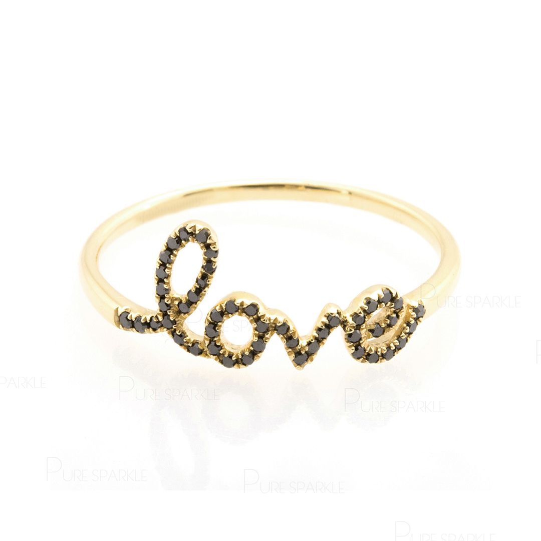 14K Gold 0.25 Ct. Black Diamond Love Script Ring Valentine Gift For Her