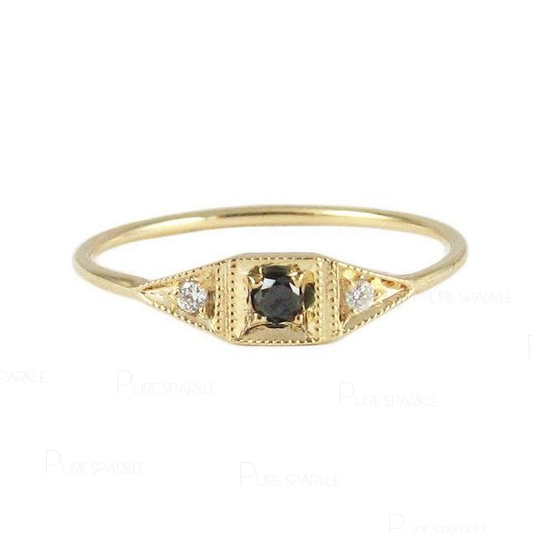 14K Gold White-Black Diamond Mini Deco Ring Fine Jewelry Size-3 to 8 US