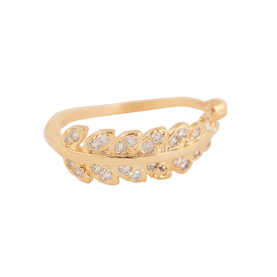 14K Gold 0.25 Ct. Diamond Leaf Design Open Cuff Ring Fine Jewelry