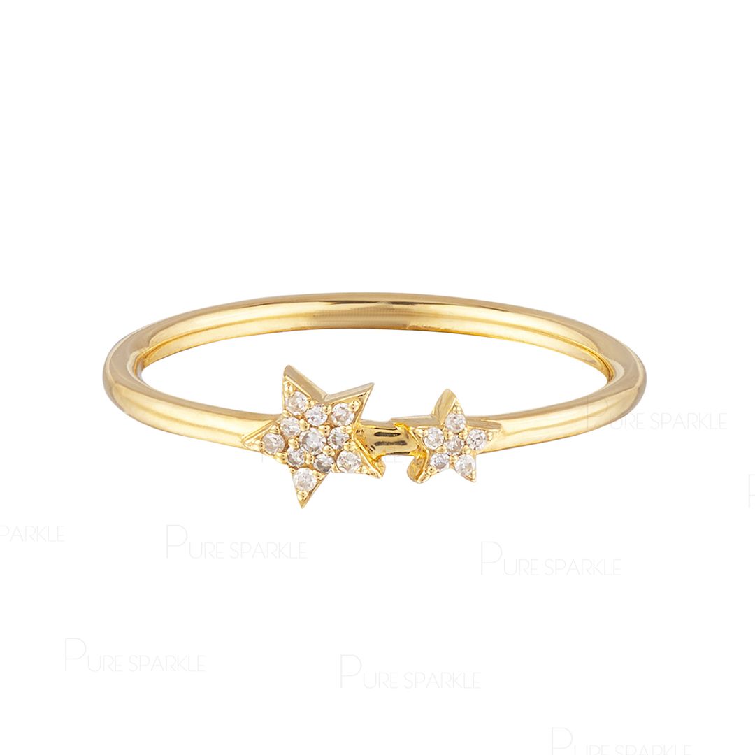 14K Gold 0.12 Ct. Diamond Two Star Ring Celestial Fine Jewelry Gift