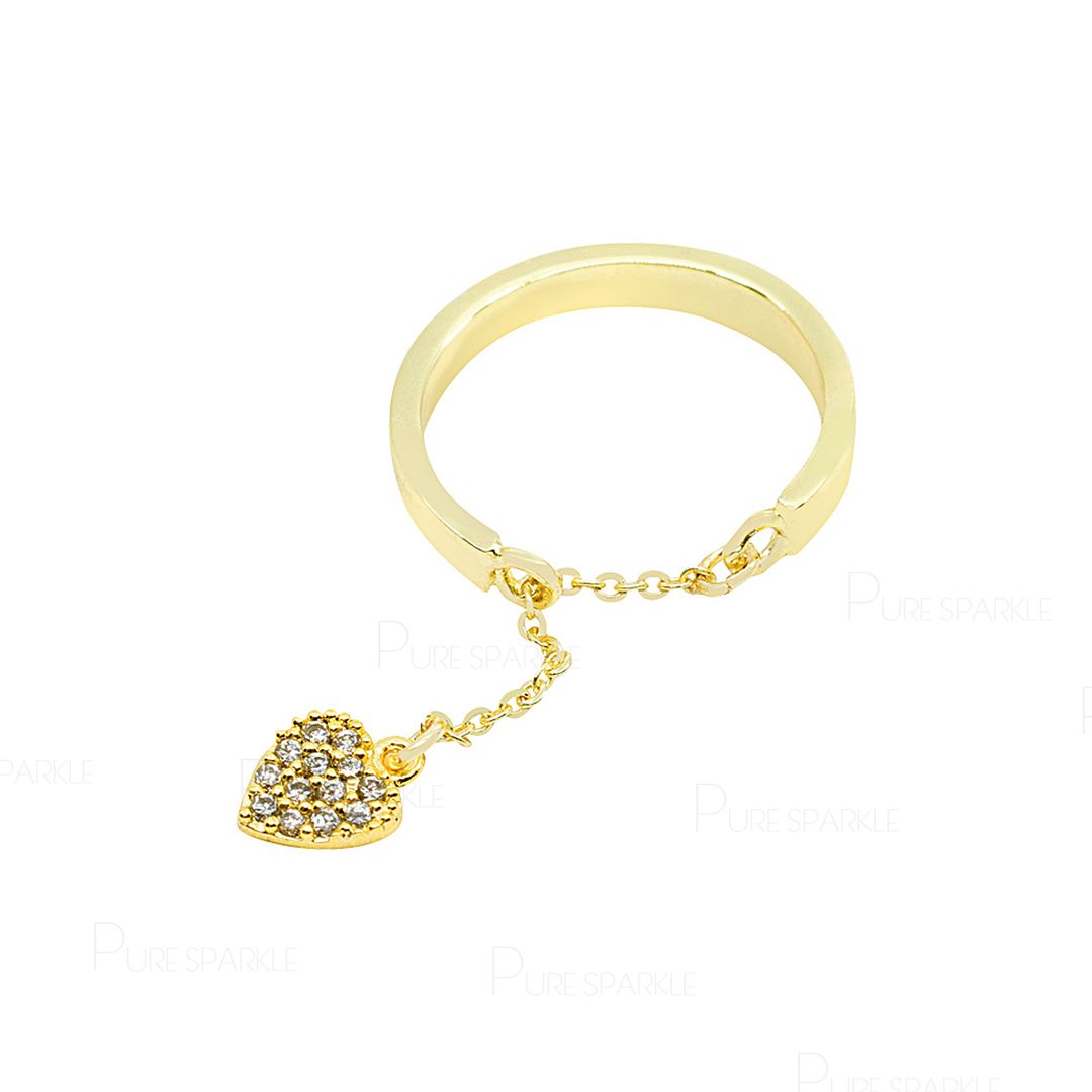 14K Gold 0.12 Ct. Diamond Dangling Chain Heart Band Ring Fine Jewelry