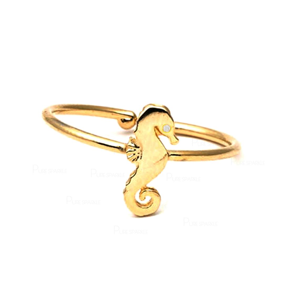 14K Gold 0.01 Ct. Diamond Seahorse Design Bypass Ring Fine Jewelry Gift