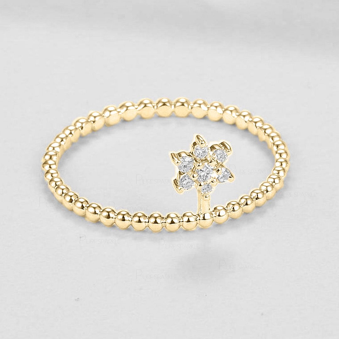14K Gold Beaded 0.08 Ct. Diamond Flower Ring Fine Jewelry Birthday Gift